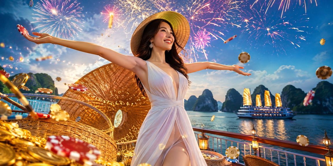Phụ nữ đội nón lá đặt cược thể thao trực tuyến với phong cảnh Vịnh Hạ Long phía sau