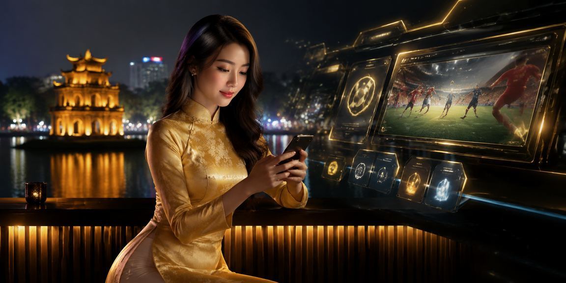 Phụ nữ mặc áo dài tại Hà Nội theo dõi kèo Esports và kiểm tra thanh toán trên điện thoại