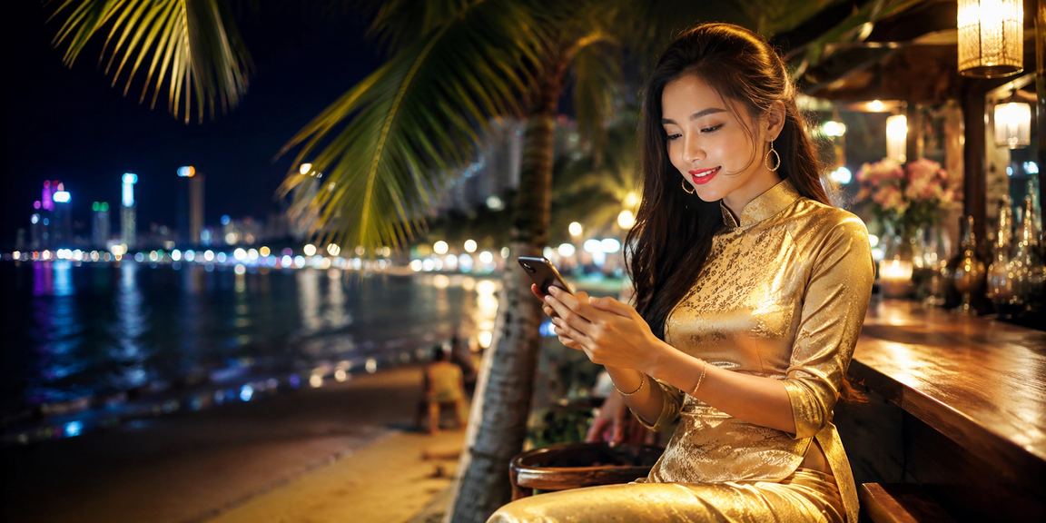 Người phụ nữ mặc áo dài xem kết quả cá cược thể thao tại bờ biển Nha Trang